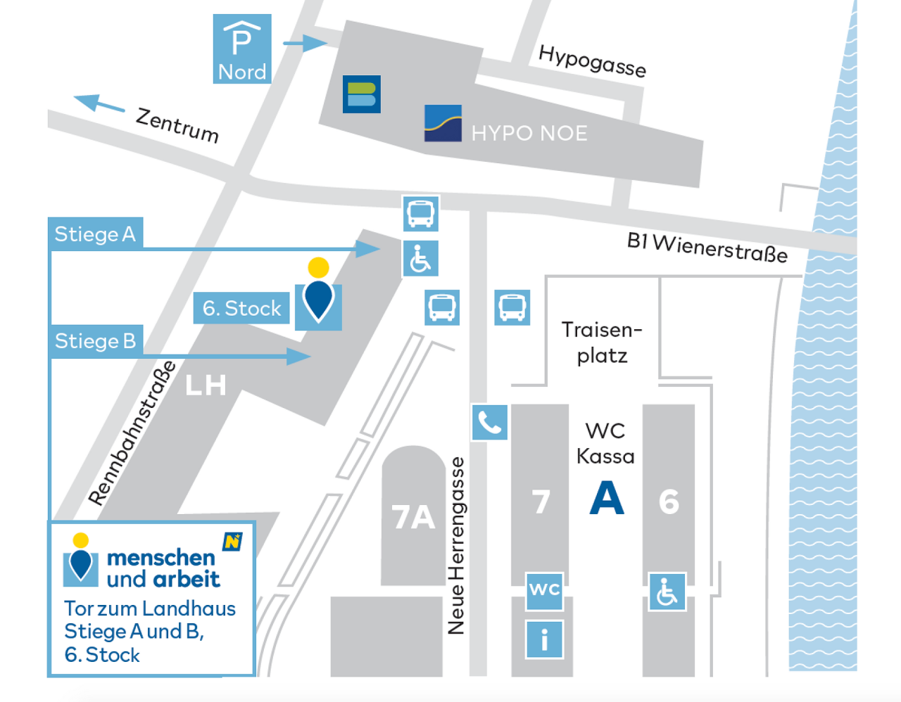 Umgebungsplan: Das Büro liegt an der Kreuzung Rennbahnstraße und B1 Wiener Straße. Stiege A bei den Busstationen ist ein barrierefreier Zugang.