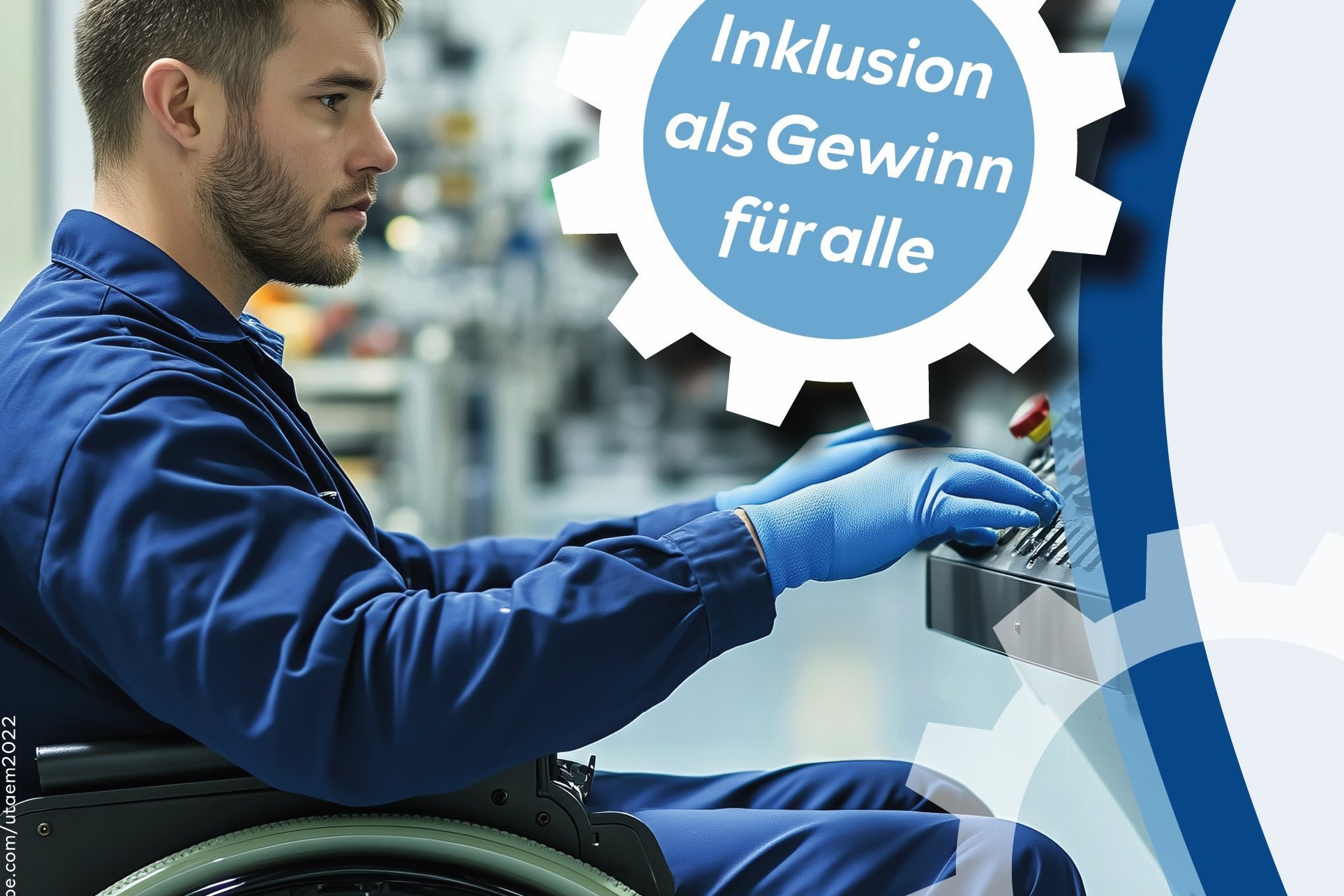 Junger Mann im Rollstuhl trägt einen blauen Arbeitsanzug und bedient eine Maschine. Text: Inklusion als Gewinn für alle