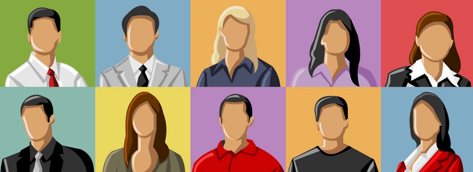Raster aus bunten Feldern mit illustrierten Portraits. Die Gesichter sind nur eine einfärbige Fläche.