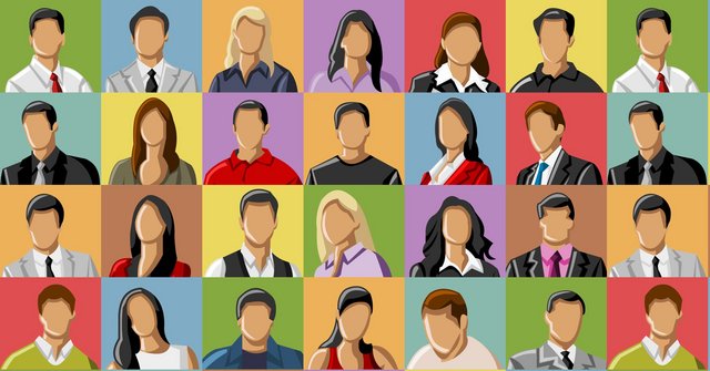 Raster aus bunten Feldern mit illustrierten Portraits. Die Gesichter sind nur eine einfärbige Fläche.
