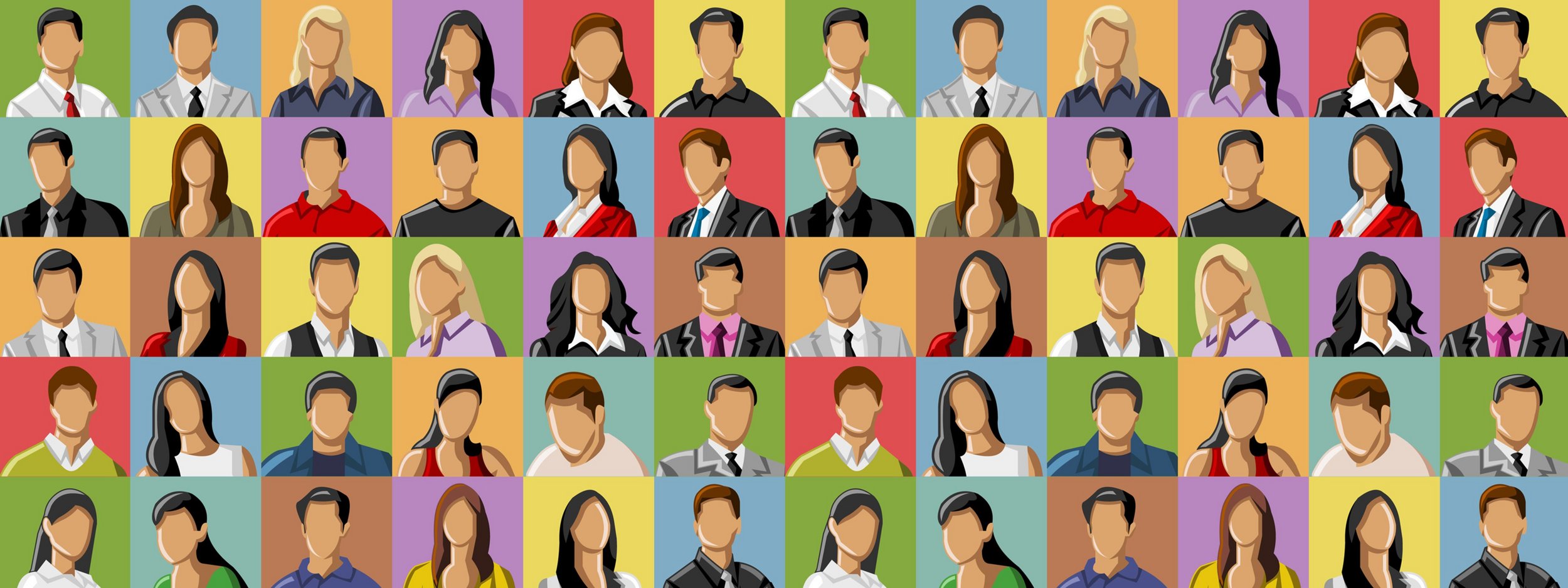 Raster aus bunten Feldern mit illustrierten Portraits. Die Gesichter sind nur eine einfärbige Fläche.